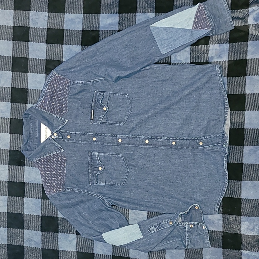Calvin Klein Jeans. Denim, snap-button shirt. Patchwork flare. Women's Large.